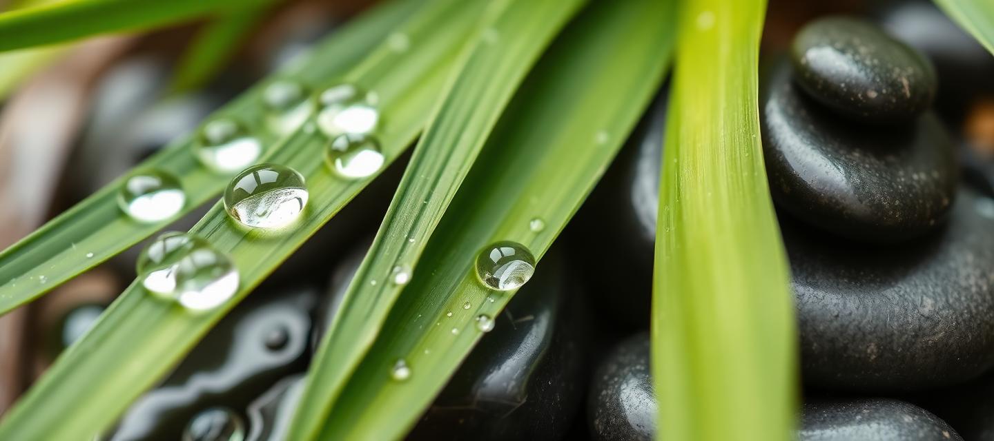 Bambusblätter mit Wassertropfen und Zen-Steinen